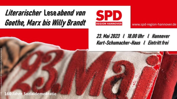 Einladung zum Leseabend im Kurt-Schumacher-Haus in Hannover zu 160 Jahren SPD am 23. Mai 2023